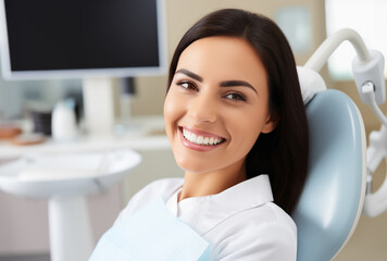 Happy woman in dental chair during routine check-up at the dentist's office