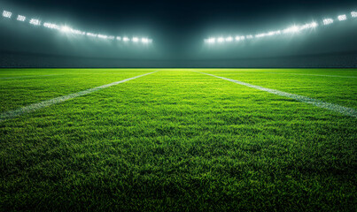 Obraz premium The football stadium lights were shining on the green grass field background.