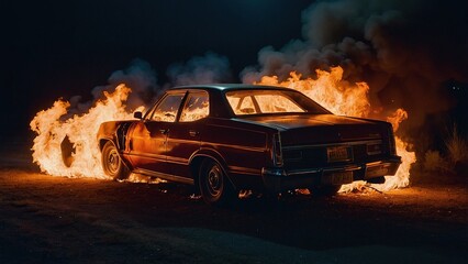 A Classic Car Burning in the Desert at Night