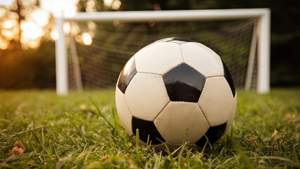 Obraz premium Soccer Ball on Grass Field at Sunset