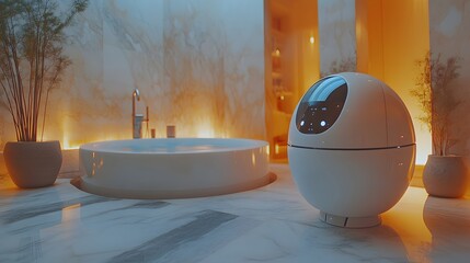 Robot Enhancing Home Wellness: A wide 16:9 shot of a robot assisting with wellness activities in a smart home, such as preparing a bath or setting up a meditation session.
