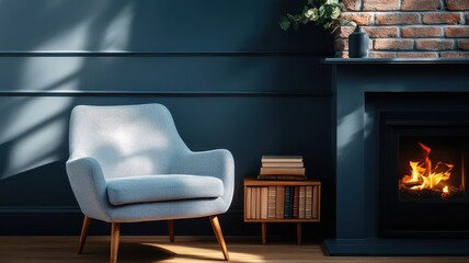 Atmospheric waiting room with exposed brick, antique books, and fireplace.