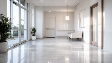 A spacious and well-lit hospital hallway featuring modern furniture and potted plants. The clean and minimalistic design evokes feelings of calm and order.