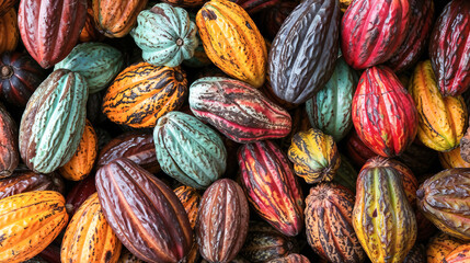 Fototapeta premium A bunch of colorful cacao beans are piled together. The beans are of different colors.