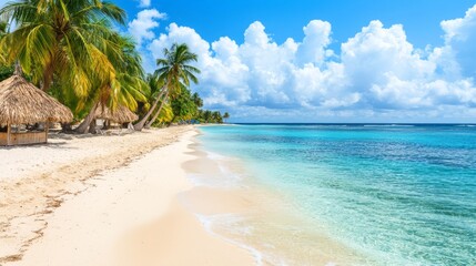 Fototapeta premium Tropical Paradise Beach with White Sand, Turquoise Waters, and Palm Trees under a Sunny Sky