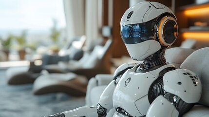 Robot Learning from AI System: A wide 16:9 shot of a robot learning and upgrading its capabilities from a central AI system in a smart home, improving efficiency.
