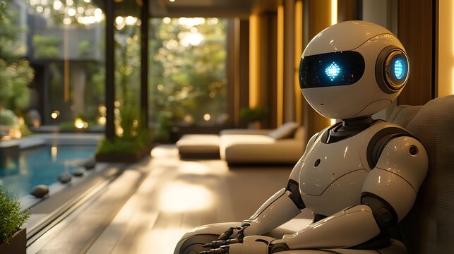 Robot Learning from AI System: A wide 16:9 shot of a robot learning and upgrading its capabilities from a central AI system in a smart home, improving efficiency.
