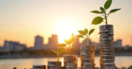 Growing investments with nature at sunset over a city skyline