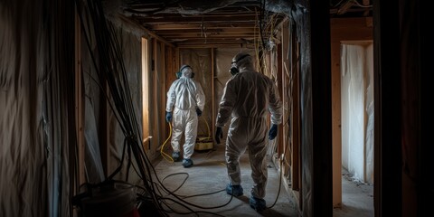 Asbestos or lead paint abatement with bunny suits in safe environment.