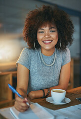 Portrait, writing and woman in office at night, working at desk for administration deadline....