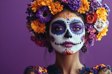A woman with Day of the Dead face paint adorned with vibrant flowers in her hair against a purple background.