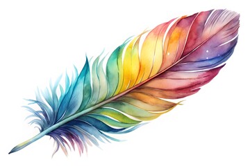 Hand painted watercolor illustration of a feather and color splashes