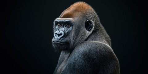 Obraz premium Photo of a gorilla isolated against a black background, emphasising the gorilla's majestic features. Wildlife and conservation concept, space for copy.