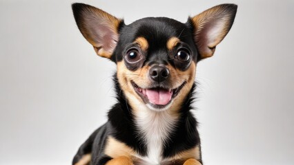 Portrait of Black and Tan Chihuahua dog on grey background