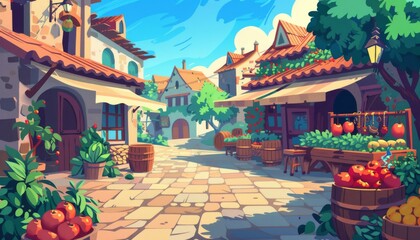 Vibrant mediterranean market street. Sunny day at the medieval market. Rpg game market illustration. Cartoon game illustration background.