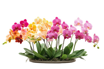 A beautiful display of vibrant orchid flowers in a pot, elegantly isolated against a pristine transparent background, showcasing their exquisite colors and delicate features.