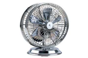 A desk fan isolated on a white background.
