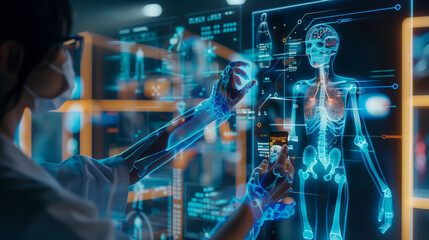 Doctor using augmented reality to analyze patient anatomy in a modern medical facility