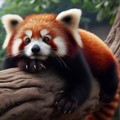 Fototapeta premium A red panda is leaning against a wooden log