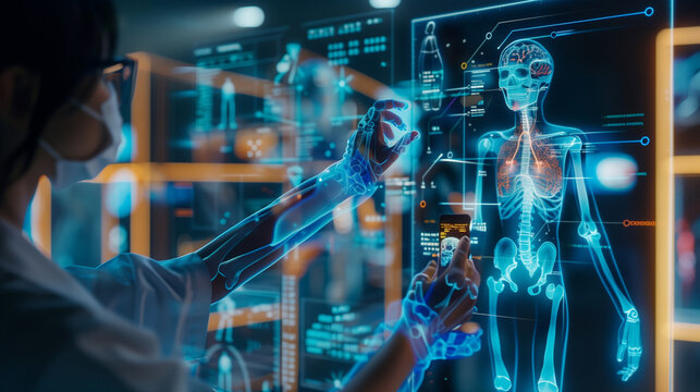 Doctor using augmented reality to analyze patient anatomy in a modern medical facility