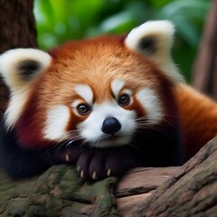 Obraz premium A red panda is leaning against a wooden log