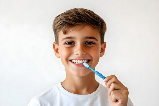 Little boy brushing teeth with a toothbrush isolated on white background
