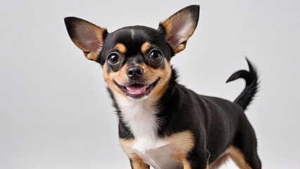 Portrait of Black and Tan Chihuahua dog on grey background