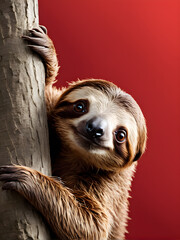 Fototapeta premium Cute sloth hanging on a tree and looking at the camera.