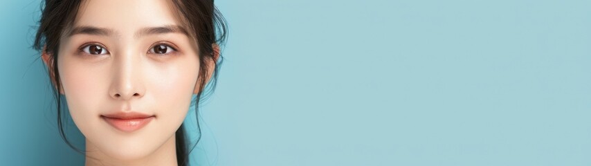 Obraz premium Elegant Asian woman with radiant skin, minimalist background highlighting her natural beauty, serene expression, showcasing the essence of simplicity and grace.