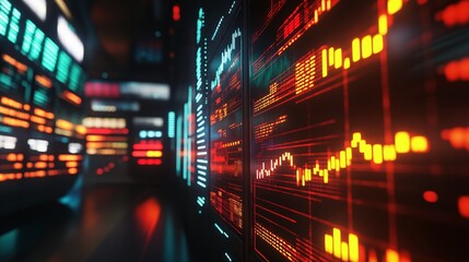 A futuristic stock exchange where holographic ticker tapes display real-time market data, with lines and graphs constantly fluctuating based on algorithms and predictive models. The image should be