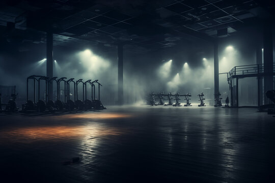A dimly lit empty gym filled with smoke during the night