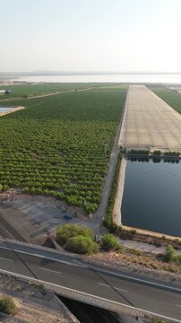 Drone tracking shot over the AP7 motorway, transitioning to citrus fields, a water reservoir, and the Torrevieja salt lake, showcasing a rich, diverse landscape