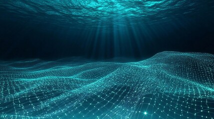 A network of underwater sensors deployed in the ocean, collecting data on marine life, currents, and temperature. The data, visualized as glowing lines and patterns, provides valuable insights into