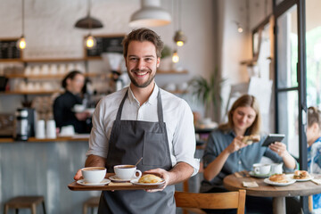 Happy male waitress serving coffee and food to customers in a modern cafe