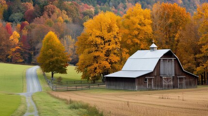 A rustic farmhouse with a barn and a road leading to it