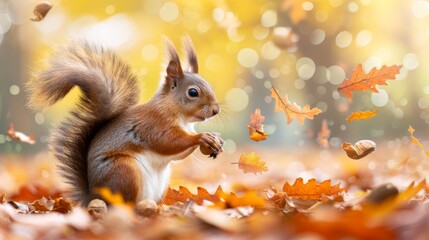 Obraz premium A squirrel is standing in a pile of autumn leaves