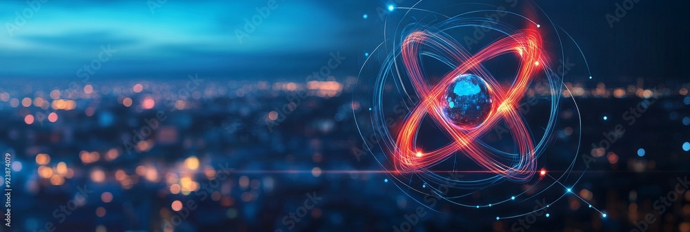 Wall mural Global Connectivity and Innovation: A Futuristic Atom Symbol Over a Cityscape - A glowing atom symbol, representing innovation and connectivity, hovers over a blurred cityscape, symbolizing global tec