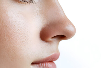 Woman's nose close up side view isolated on white background