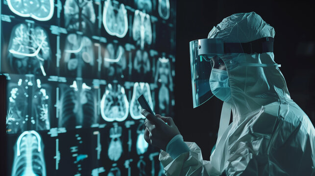 A clinician in robust protective clothing studies a luminous holographic array of simple medical images while managing a smartphone. The subdued background intensifies the modern setting - Powered by Adobe