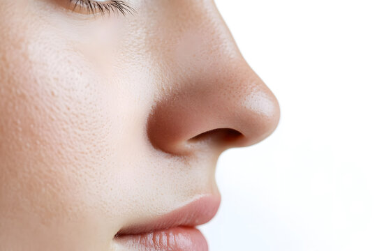 Woman's nose close up side view isolated on white background