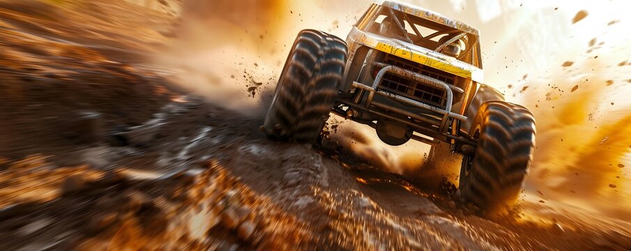 Off-Road Vehicle Speeding Through Dust and Debris