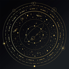 Abstract golden celestial background with orbits and stars. Vector illustration © Mariia