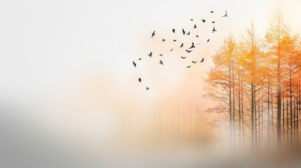 A flock of birds flying over a forest with orange trees