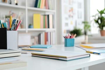 Cropped shot of trendy workspace with books, designer supplies and copy space on white table , ai