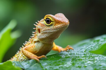 A close-up shot of a vibrant lizard perched on a green leaf, showcasing its detailed scales and bright eye in a natural, lush environment.