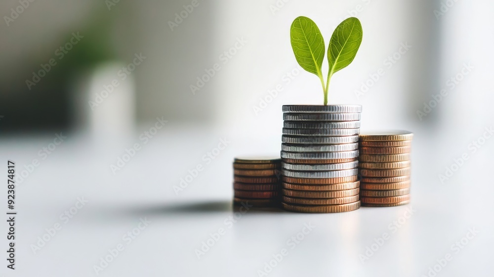 Poster an increasing stack of coins with a small sprout growing from the top coin, showcasing financial adv