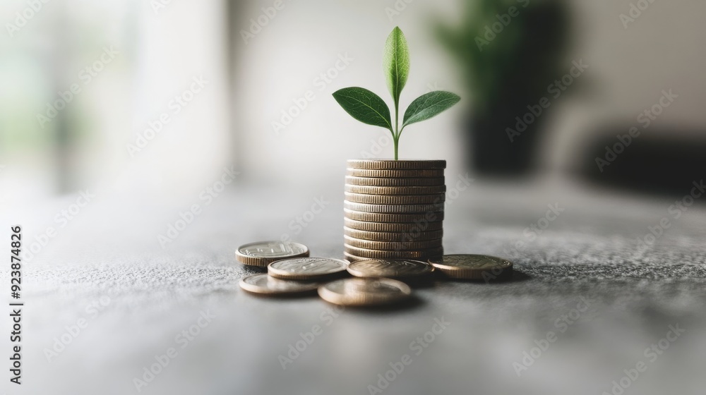 Poster an increasing stack of coins with a small sprout growing from the top coin, showcasing financial adv