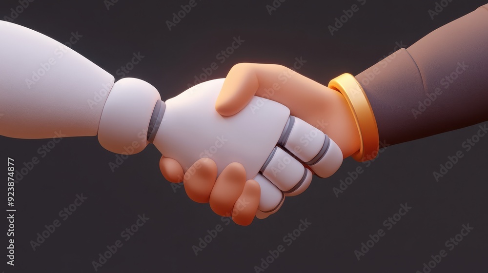 Aufkleber a human hand shaking hands with an ai-powered robotic hand, symbolizing collaboration between humans