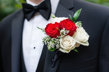 Elegant wedding attire close-up with red white rose bouquet