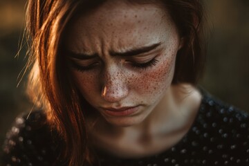 Serene moment of freckled young woman with closed eyes